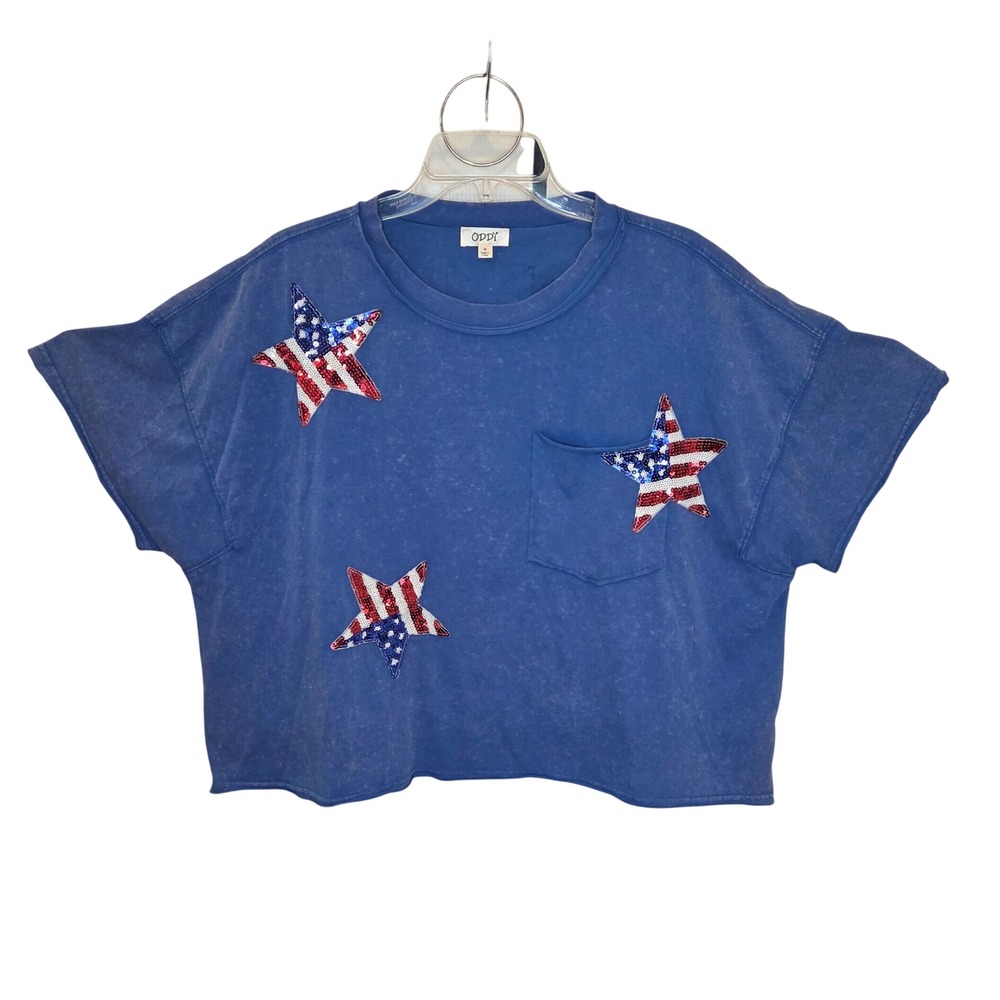 ODDI Womens Blue Mineral Wash Sequin American Flag Star Crop Top IT17016 Medium